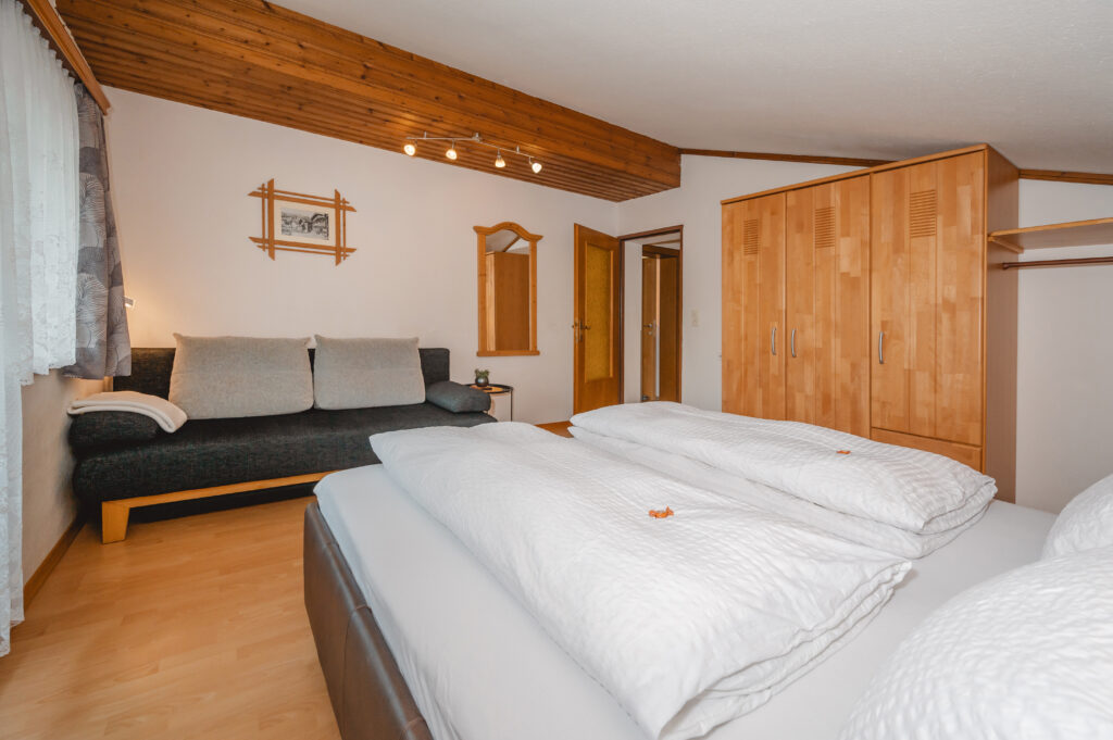 Appartement Edelweiß 1 - Schlafraum 2 mit Doppelbett, Einzelsofa und eigene Dusche / WC. Flat TV und Balkon mit Blick auf Wagrain
